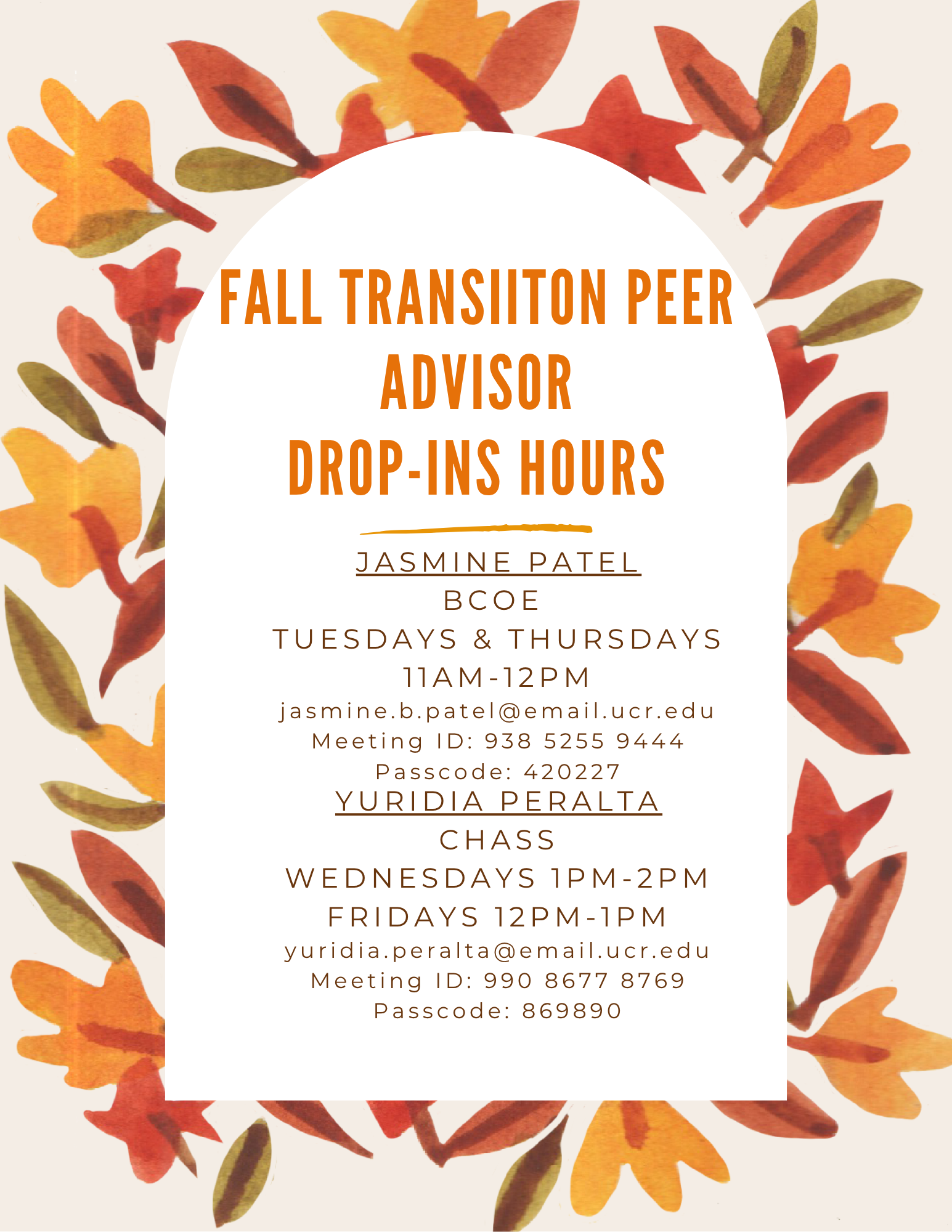 Fall 2025 Transition Peer Advisors Zoom Drop-Ins