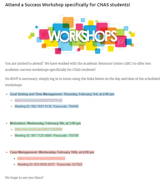 22W Arc Success Workshops for CNAS Students Flyer Image