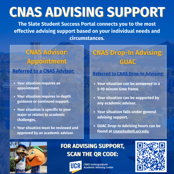 CNAS Advising Support Flyer on when to schedule an appointment versus when to use GUAC Drop-ins