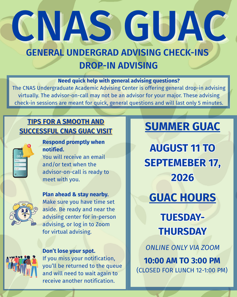 The schedule for General Undergrad Advising Check-Ins Drop-In Advising until September 17, 2026. 