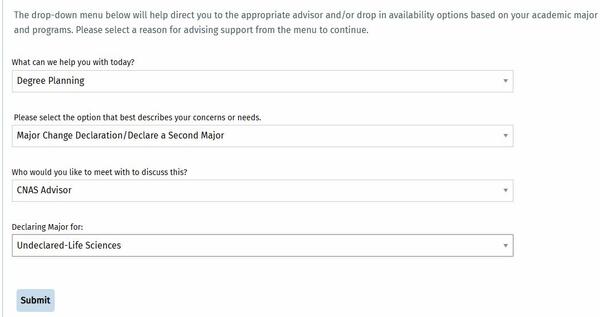 Screen grab of how to make undeclared advising appointment