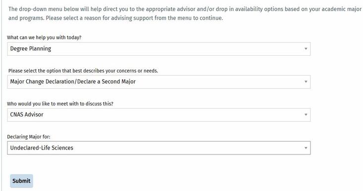 Screen grab of how to make undeclared advising appointment